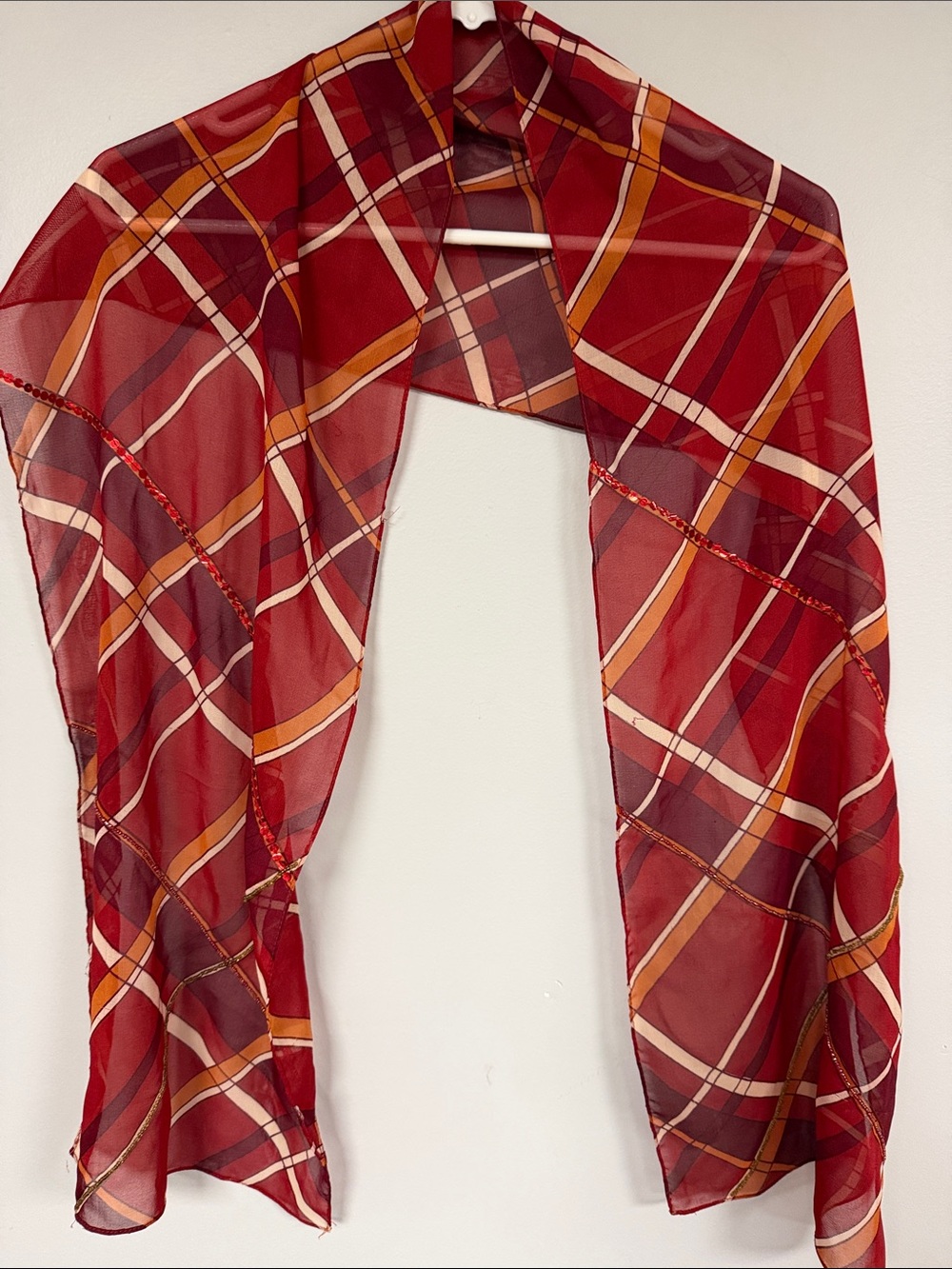Sheer Red plaid scarf with lines of sequins and tiny beads